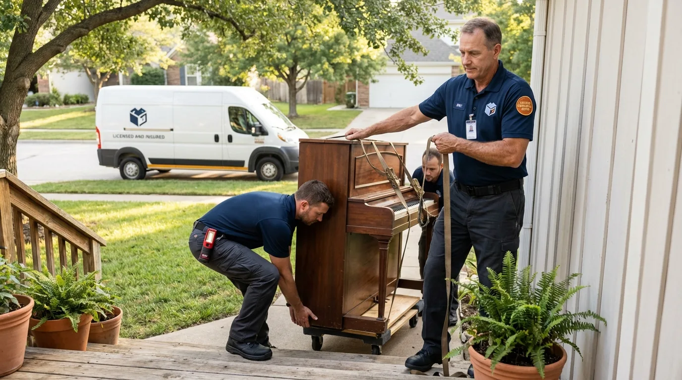 Licensed piano movers securing grand piano in Waxhaw, NC