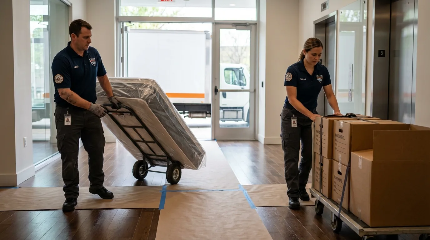 Professional apartment movers loading elevator in Waxhaw, NC