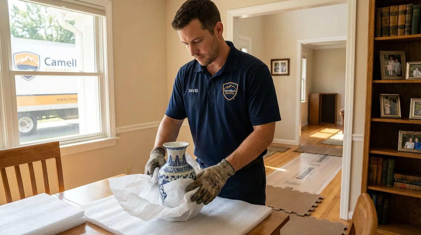 Professional crew carefully wrapping antique vase for senior downsizing move in Waxhaw, NC